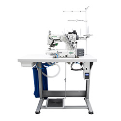 3-needle cylinder bed coverstitch (interlock) machine with left knife, electromagnetic automatic thread trimmer and built-in AC Servo motor - SET