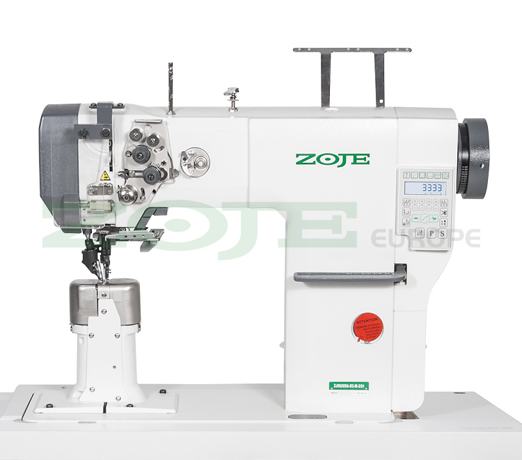 Automatic 2-needle post-bed lockstitch machine with bottom and upper roller feed, with AC Servo motor - machine head