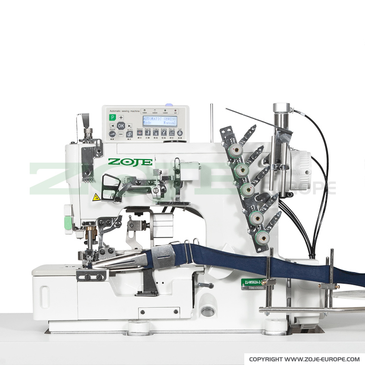 ZOJE ZJW562A-2-BD (6.4mm) + W500PTK SET - 3-needle flat bed coverstitch (interlock) machine for binding with auto binding tape cutting device W500PTK - complete sewing machine - 2 3-needle flat bed coverstitch (interlock) machine for binding with auto binding tape cutting device W500PTK - complete sewing machine