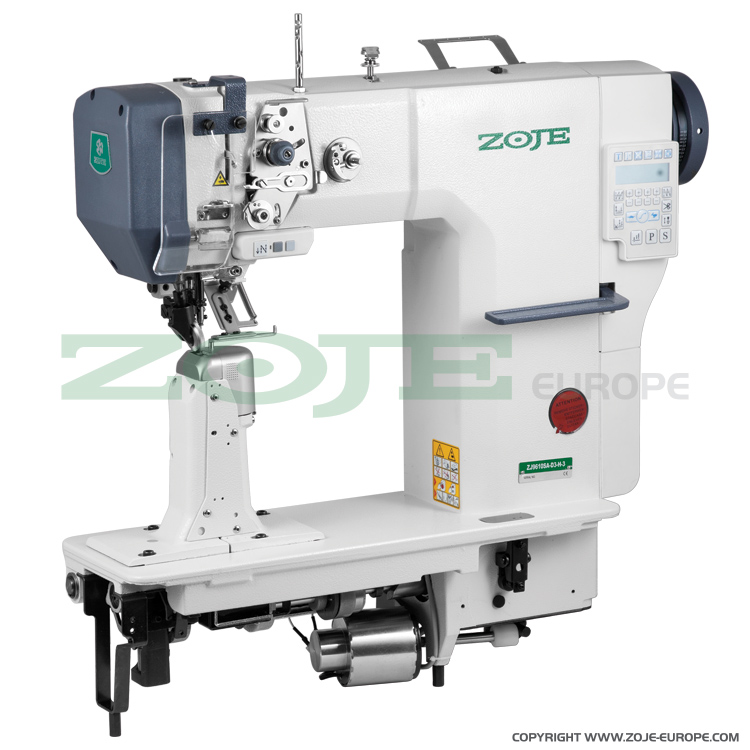 Zoje automatic post-bed lockstitch machine for thick material with bottom, needle and upper roller feed, with AC Servo motor - complete machine