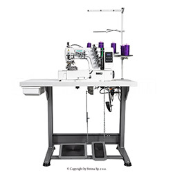 3-needle, 5-thread Interlock for light and medium fabrics with pneumatic belt cutting device - complete sewing machine