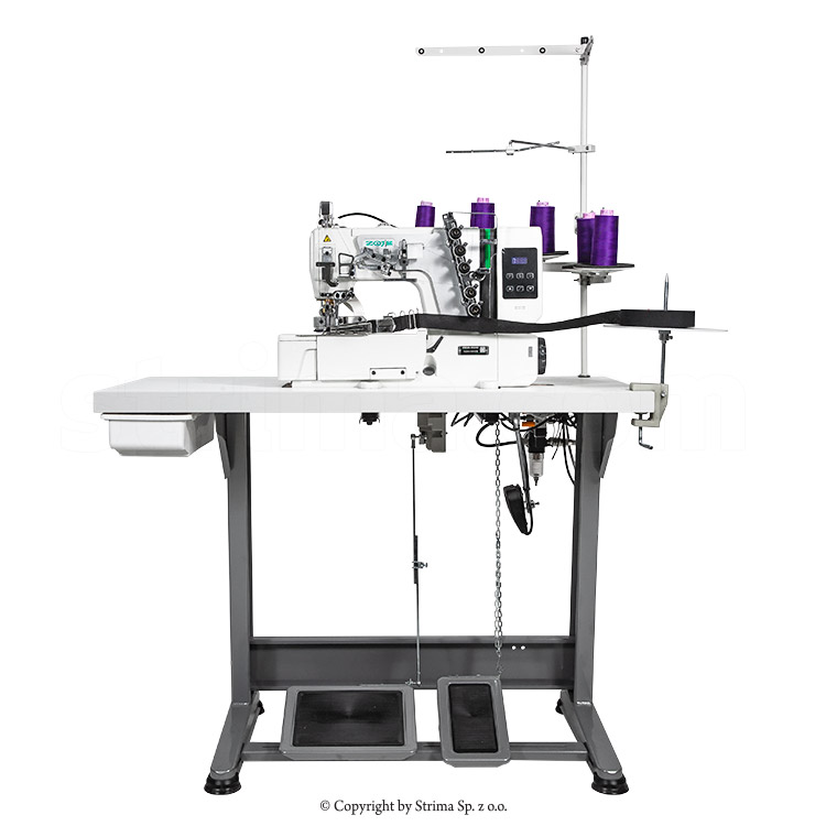 3-needle, 5-thread Interlock for light and medium fabrics with pneumatic belt cutting device - complete sewing machine