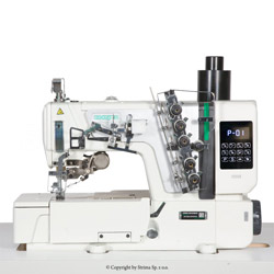 3-needle interlock, flat bed with built-in AC Servo motor and automatic needle positioning - head