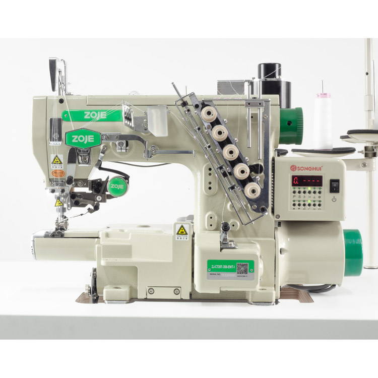 3-needle small cylinder bed coverstitch (interlock) machine with built-in AC Servo motor and needles positioning - complete sewing machine